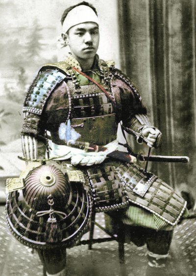 Samurai of Old Japan Armed with Full Body Armour, c.1880 (hand coloured albumen photo) by Japanese Photographer